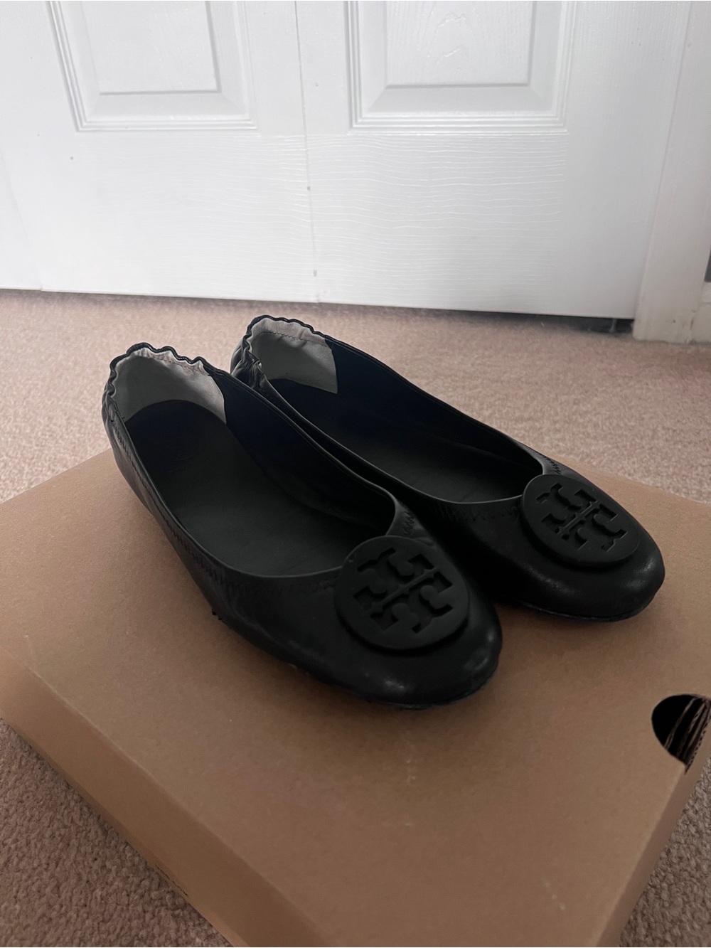 Tory Burch Black Leather Minnie Ballet Flats